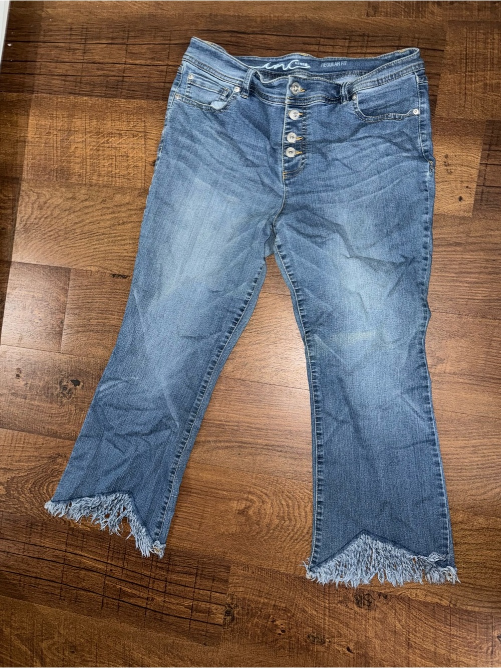 INC International Concepts Light Blue Flared Jeans with Frayed V-Hem